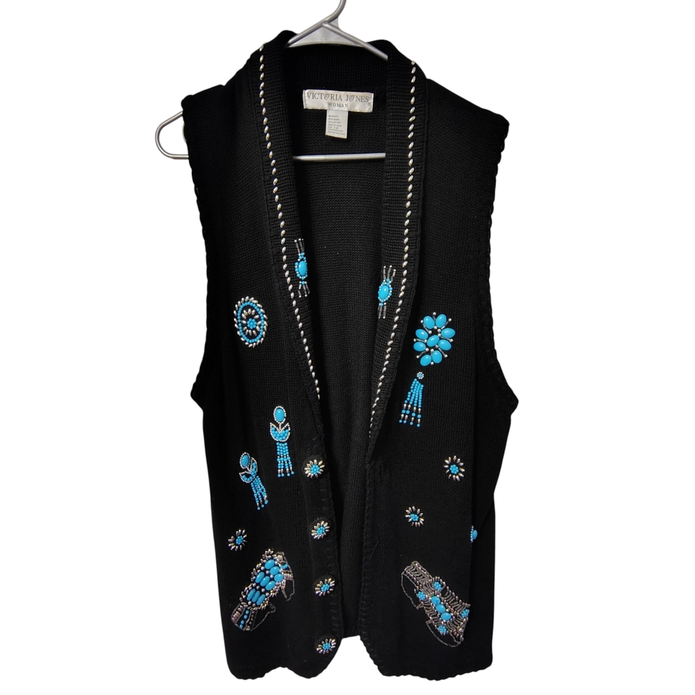 Victoria Jones Women's Size XLSweater Vest with Turquois & bead embellished.